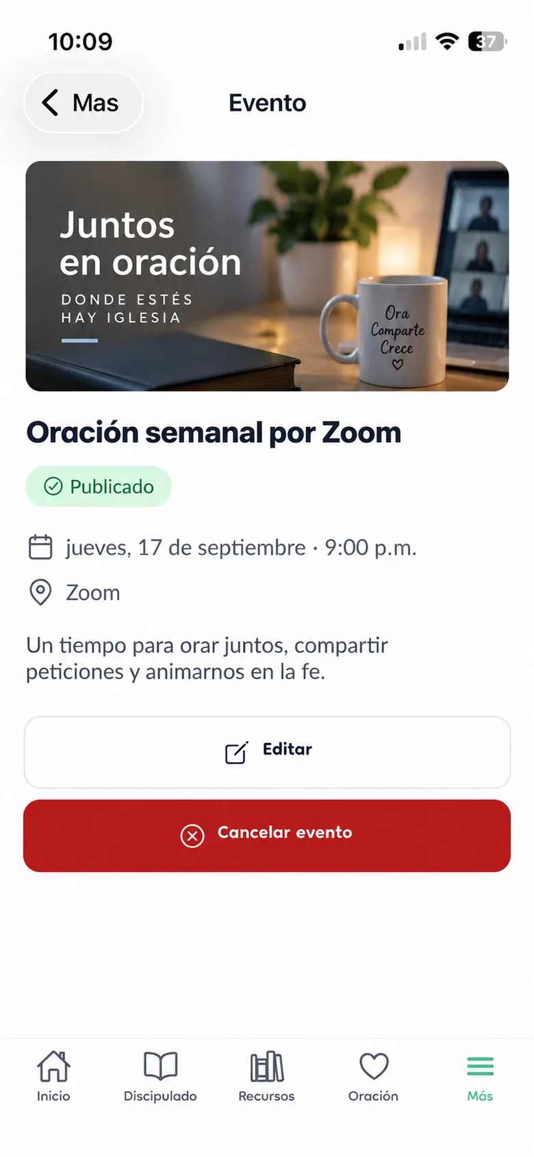 Pantalla de un evento en la app móvil de Migglesia
