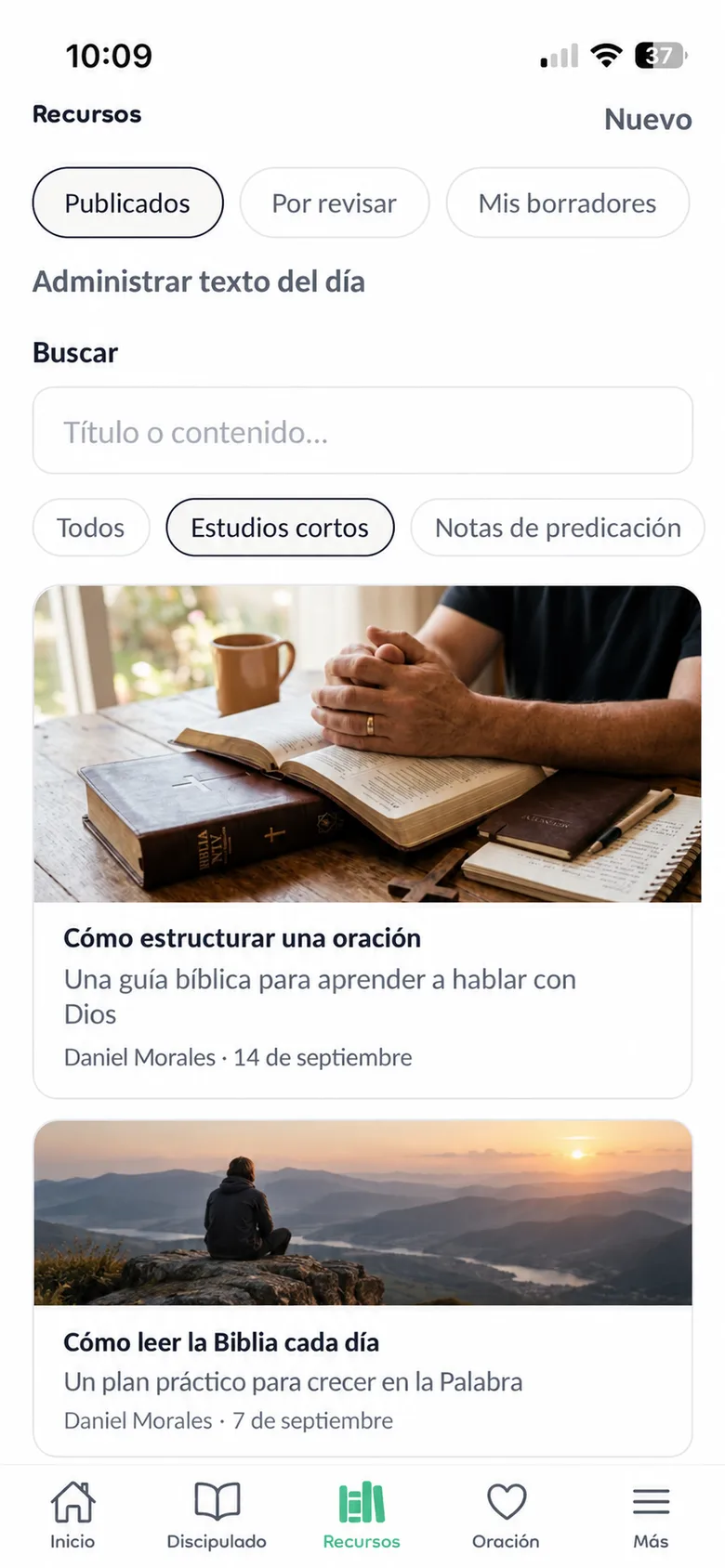 Pantalla de Recursos de la app móvil de Migglesia